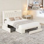Lit 160x200 cm - nmonet - velours blanc cass� - led int�gr�e - rangement avec tiroirs - 2 prises usb