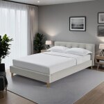 Lit 160x200 cm avec t�te de lit en tissu chin� beige et pieds bois