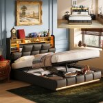 Lit 160x200 - drelygwea - coffre avec led - rangement int�gr� - tissu pu noir - 2 places