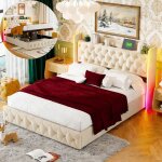 Lit 160x200 - drelygwea - velours beige - lit coffre avec led rgb - 2 places - rangement hydraulique