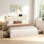 Lit 160x200 - kilisky - t�te de lit led et 2 ports usb / type - c - lit double adulte avec 4 tiroirs ...