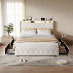 Lit 160x200 avec led - prises usb / type - c - 4 tiroirs - t�te de lit - cadre de lit double adolescent ...