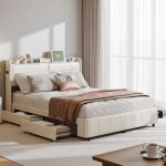 Lit 160x200 avec led veilleuse tactile et 4 tiroirs rangement - t�te de lit rembourr�estructure de lit ...