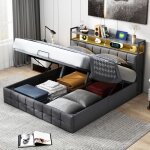 Lit 160x200cm - lit coffre 160 et sommier - t�te de lit rangement rembourr�e led rgb usb & type - c - ...