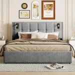 Lit 160x200cm - lit coffre 160x200 et sommier - t�te de lit capitonn�e - lumi�res de lecture int�gr�es ...