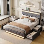 Lit double 180x200 cm - kilisky - avec led et usb - 4 tiroirs - sommier inclus - gris