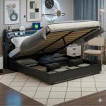 Lit 180x200cm - lit coffre 180x200 et sommier - avec t�te de lit capitonn�e rangement led rgb et chargeur ...