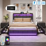 Lit 2 personnes 140x200 cm avec �clairage led et prise usb type - c lit rembourr� avec 4 tiroirs de rangementt ...