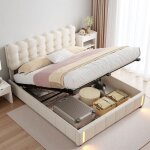 Lit 2 personnes 160�200 cm avec �clairage led - lit coffre avec sommier - lit hydraulique avec rangement ...