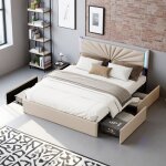 Lit 2 personnes 160x200 avec 4 tiroirs et sommier � lattes t�te de lit �clairage led lit double capitonn� ...