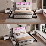 Lit 2 personnes 180x200 cm - t�te de lit avec led - lit capitonne avec 4 tiroirs de rangement - beige ...