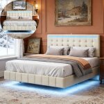 Lit 160x200 cm sommier � lattes led int�gr�e cadre de lit adulte 160x200 tissu en lin beige