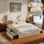 Lit 2 places - 160x200 cm - velours blanc cass� - led int�gr�e - 4 tiroirs de rangement