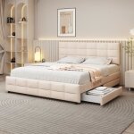 Lit rembourr - dreammespace - 180 x 200 cm - beige - 4 tiroirs - sommier  lattes