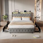 Lit avec 4 tiroirs double 140x200cm rangement velours gris led rgb usb type - c deux places design moderne ...