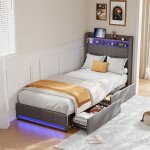 Lit 90 x 200 cm avec sommier - pergar - lit simple avec led et usb - 2 tiroirs et t�te rangement - cadre ...