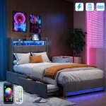 Lit 90 x 200 cm avec sommier - lit simple avec led et usb tpye c - lit coffre avec 2 tiroirs - cadre ...