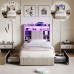 Lit 90x200cm avec 2 tiroirs - 2 prises / ports usb / type - c - t�te de lit led - lit 1 place - adultes ...