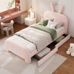 Lit enfant 90x200cm - rose - tiroirs de rangement - t�te de lit lapin - sommier � lattes - mdf et peluche ...