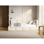 Lit ado ? cloudy ? 120x200 cm ? t�te de lit � droite ? coffre de rangement ? velours d�perlant cr�me