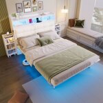 Lit adolescent 140x190cm pour 2 personnes avec 2 tables de chevet coulissantes lit rangement avec ledtype ...