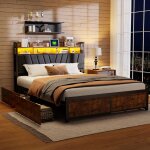 Lit adulte 140 x 200 cm 2 places avec t�te de lit rembourr�e? lit avec led usb et 4 tiroirs style industriel ...