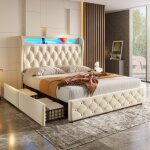 Lit adulte 140x190 cm avec led rgb ports usb / type - c et prise 4 tiroirs t�te de lit tissu blanc m�tal ...