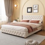 Lit adulte 140x190 cm avec sommier  lattes tte de lit avec dcorer boutons et rivets tissu en lin beige ...