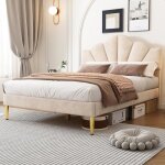 Lit adulte 140x190 cm avec sommier  lattes tte de lit en forme de coquille rglable en hauteur tissu ...