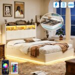 Lit adulte 140x190 cm avec sommier - avec led et usb tpye c - lit coffre avec rangement et tete de lit ...