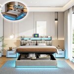 Lit adulte 140x190 - lit coffre double 140�190 - led et usb - t�te de lit avec espace de rangement - ...