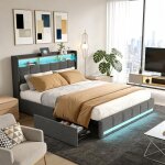 Lit adulte 140x190 en lin avec 4 tiroirs lit double 140x190 avec led et usb lit rembourr� lit 2 personnes ...