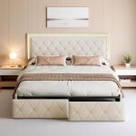 Lit adulte 140x200 cm avec 4 tiroirs lit double rembourr� avec �clairage led t�te de lit r�glable hauteur ...