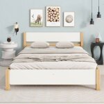 Lit adulte 140x200 cm en bois cadre en bois de pin avec pied central mdf blanc + naturel