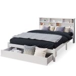 Lit adulte 140x200 cm en bois massif blanc t�te style biblioth�que avec rangements
