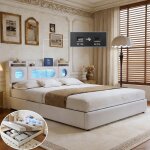 Lit adulte 140x200 cm lit coffre rembourr� avec led et usb type - c rangement de chevet hydraulique sommier ...