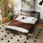 Lit adulte 140x200 cm avec sommier � lattes et prise et ports usb int�gr�s m�tal noir (sans matelas)