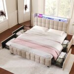 Lit adulte 160 x 200 cm avec éclairage led et 4 tiroirs et port usb tissu en lin vec sommier à lattes ... Lit adulte 160 x 200 cm avec éclairage led et 4 tiroirs et port usb tissu en lin vec sommier à lattes ...