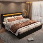 Lit adulte lit 160 x 200 cm avec sommier  lattes avec clairage led et rangement pu noir