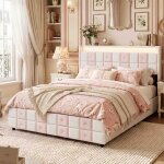 Lit adulte 160x200 cm - 4 tiroirs de rangement - t�te de lit led & usb - sommier � lattes - velours blanc ...