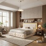 Lit adulte 160x200 cm - beige avec led et tiroirs - t�te de lit capitonn� - sommier � lattes inclus - ...