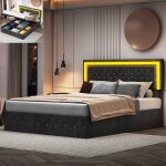 Lit adulte 160x200 cm - coffre de rangement - led - d�coration de boutons - t�te de lit r�glable - 2 ...