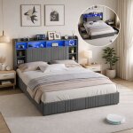 Lit adulte 160x200 cm avec sommier lit capitonn� avec led et usb 4 tiroirs t�te de lit avec rangement ...