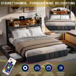 Lit adulte 160x200 cm - t�te de lit avec led - 4 tiroirs de rangement - tissu lin gris - design moderne ...