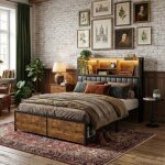 Lit adulte 160x200 industriel m�tal et bois - led app & usb - t�te de lit rangement pu - 2 tiroirs