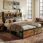 Lit adulte 160x200 - t�te de lit rangement & prise usb - led rgb app / t�l�commande - 2 tiroirs - cadre ...