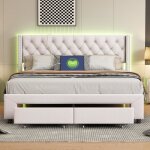 Lit adulte 160x200cm - velours beige - 2 tiroirs - tte de lit led - sommier  lattes - 2 places
