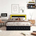 Lit adulte 180x200 cm - coffre de rangement - led - d�coration de boutons - t�te de lit r�glable - 2 ...