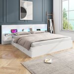 Lit adulte 180x200 cm en mdf blanc avec �clairage led prises et ports usb 2 tables de chevet et tiroirs ...