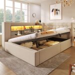 Lit adulte banquette 140x190 cm avec led et ports usb / usb - c t�te de lit l r�versible avec rangements ...